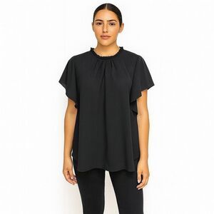 Boohoo Solid Black Short Sleeve round neck open back polyester elastic size 10